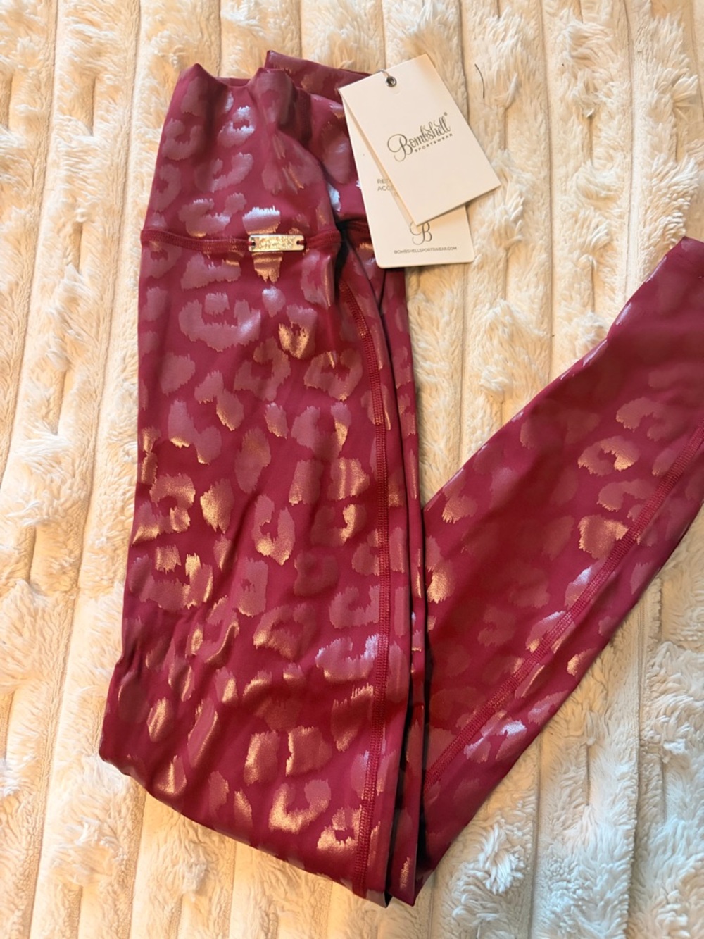 Bombshell Sportswear Burgundy and Gold Foil Leopard Leggings